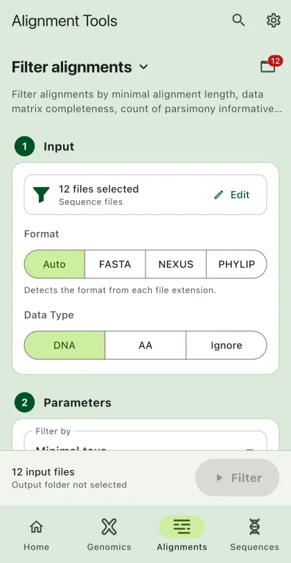 SEGUI Filter alignments page on a phone with the tool form