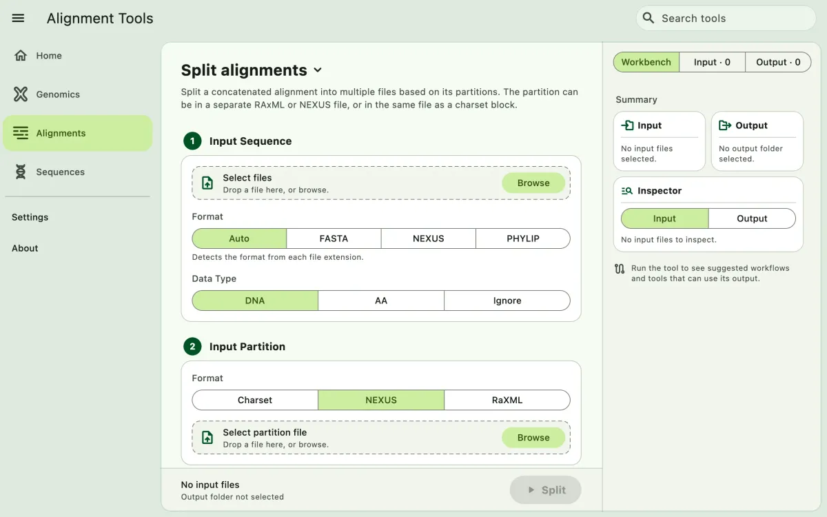 SEGUI Split alignments page on a desktop with the tool form and file panel