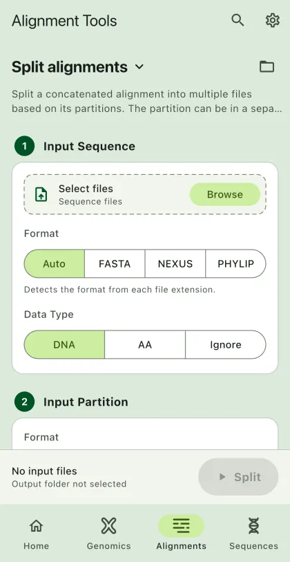 SEGUI Split alignments page on a phone with the tool form