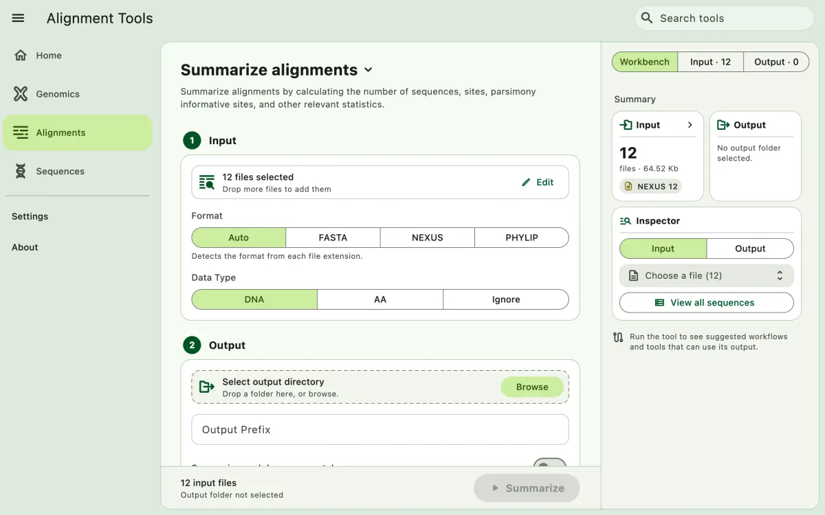 SEGUI Summarize alignments page on a desktop with the tool form and file panel