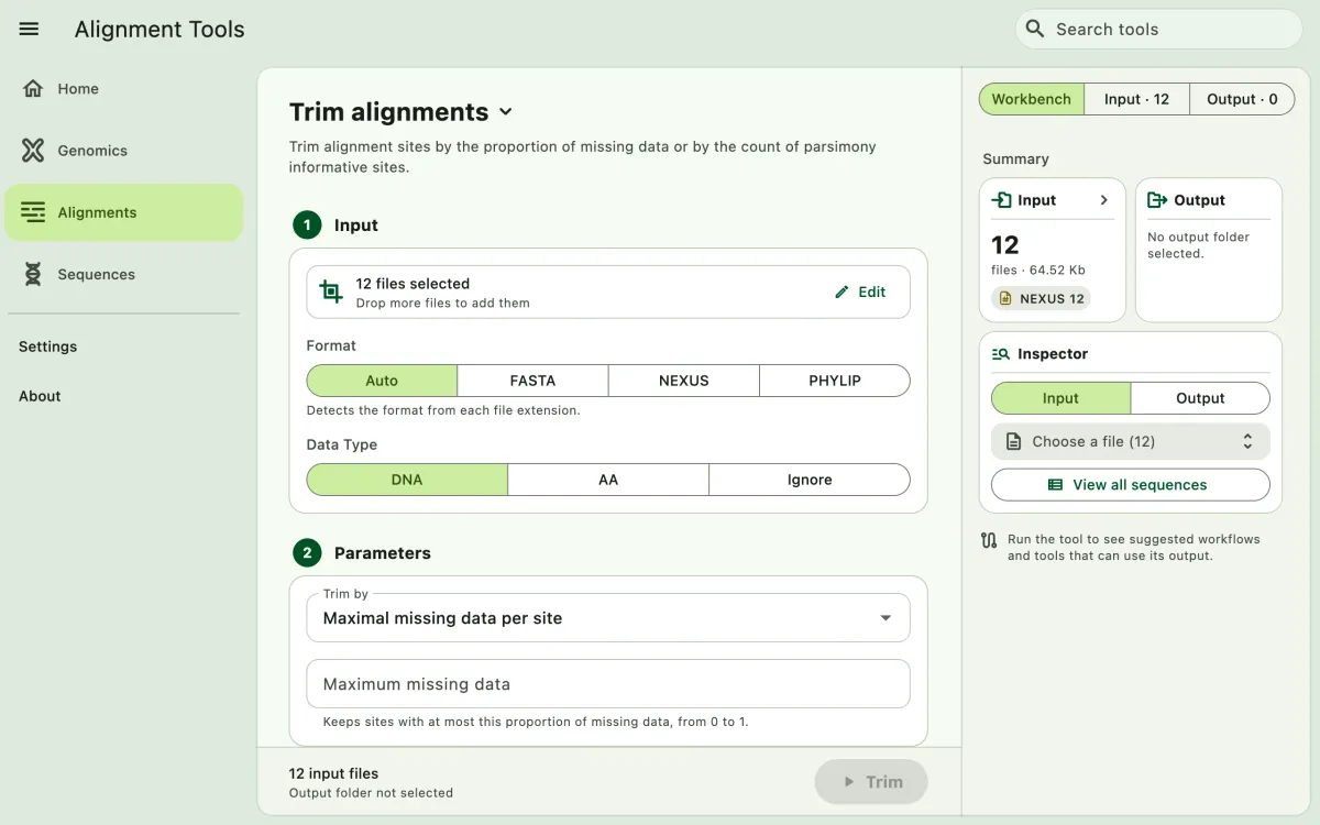 SEGUI Trim alignments page on a desktop with the tool form and file panel