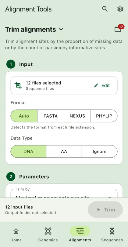 SEGUI Trim alignments page on a phone with the tool form