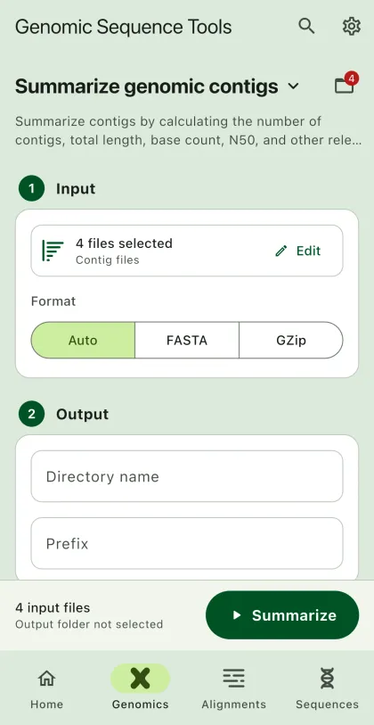 SEGUI Summarize genomic contigs page on a phone with the tool form