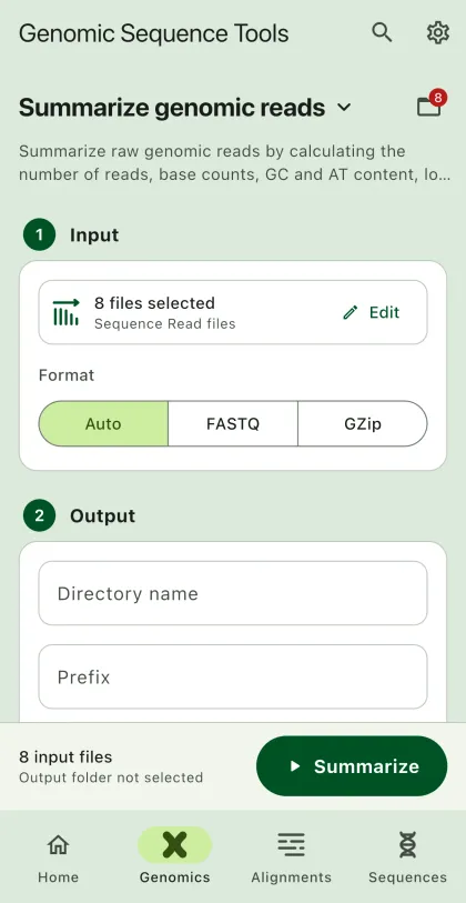 SEGUI Summarize genomic reads page on a phone with the tool form