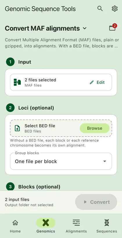 SEGUI Convert MAF alignments page on a phone with the tool form