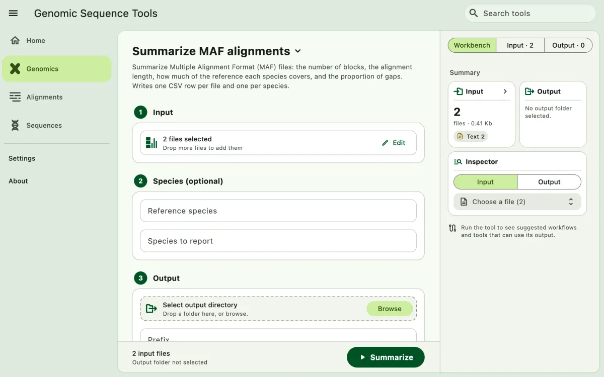 SEGUI Summarize MAF alignments page on a desktop with the tool form and file panel