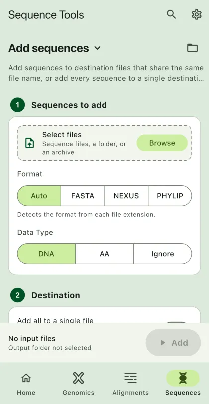 SEGUI Add sequences page on a phone with the tool form