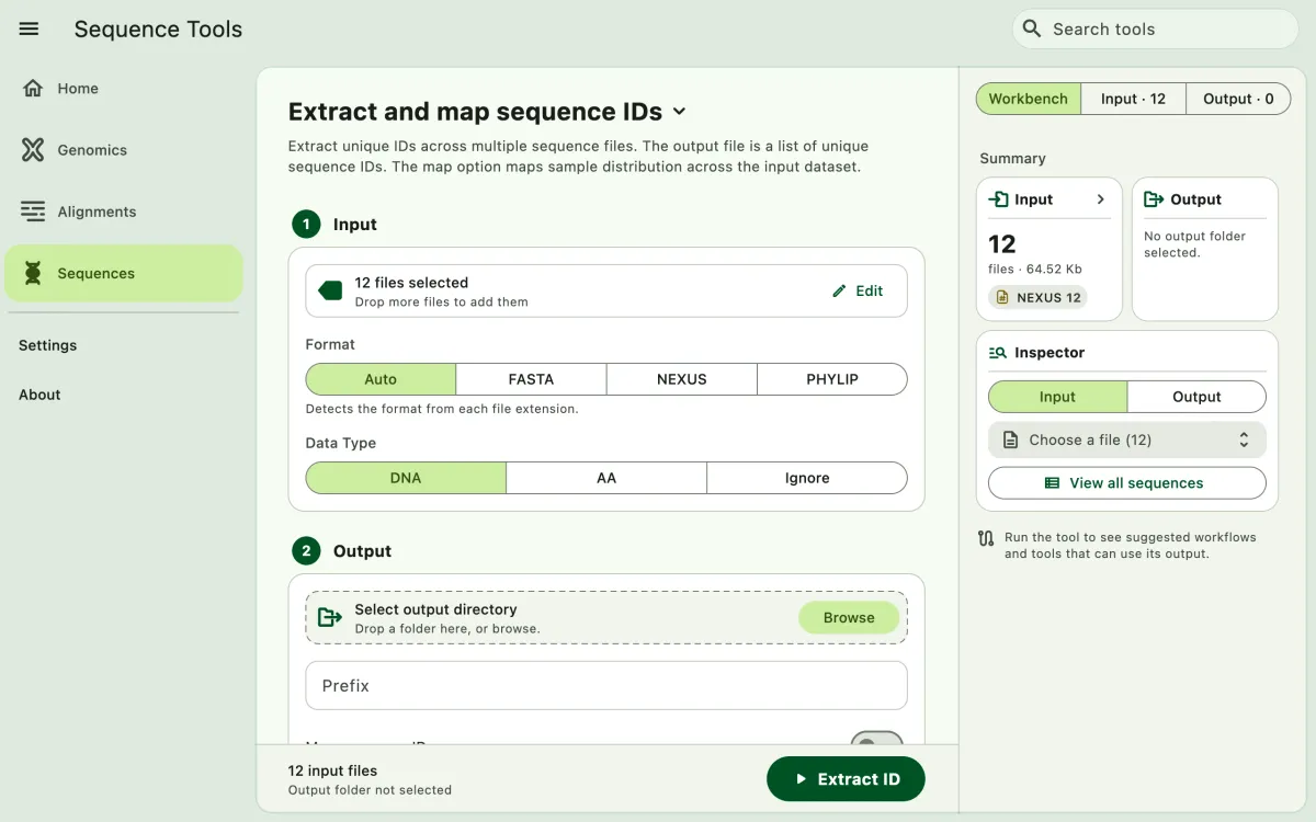 SEGUI Extract and map sequence IDs page on a desktop with the tool form and file panel