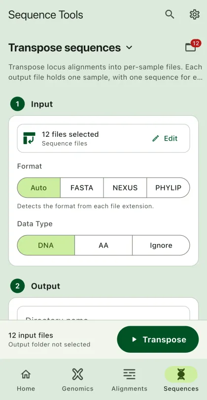 SEGUI Transpose sequences page on a phone with the tool form